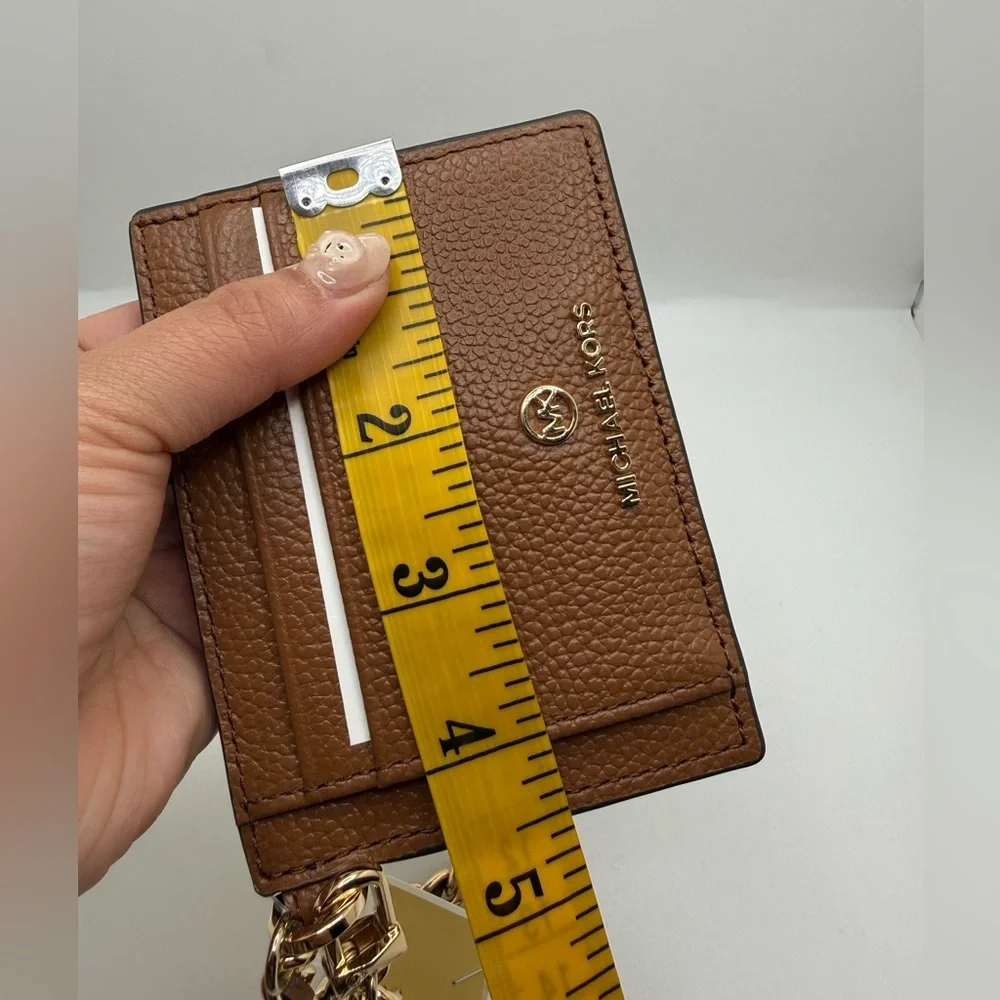 NWT Michael Kors Jet Set Charm Small ID Chain Card Holder Camel Pebbled Leather